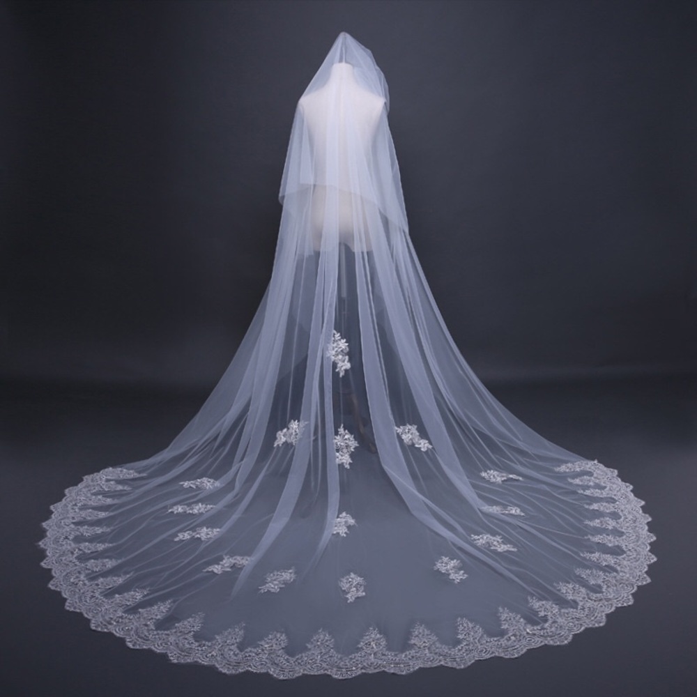 Elegant White Cathedral Bridal Veil with Scalloped Lace Edging 3M